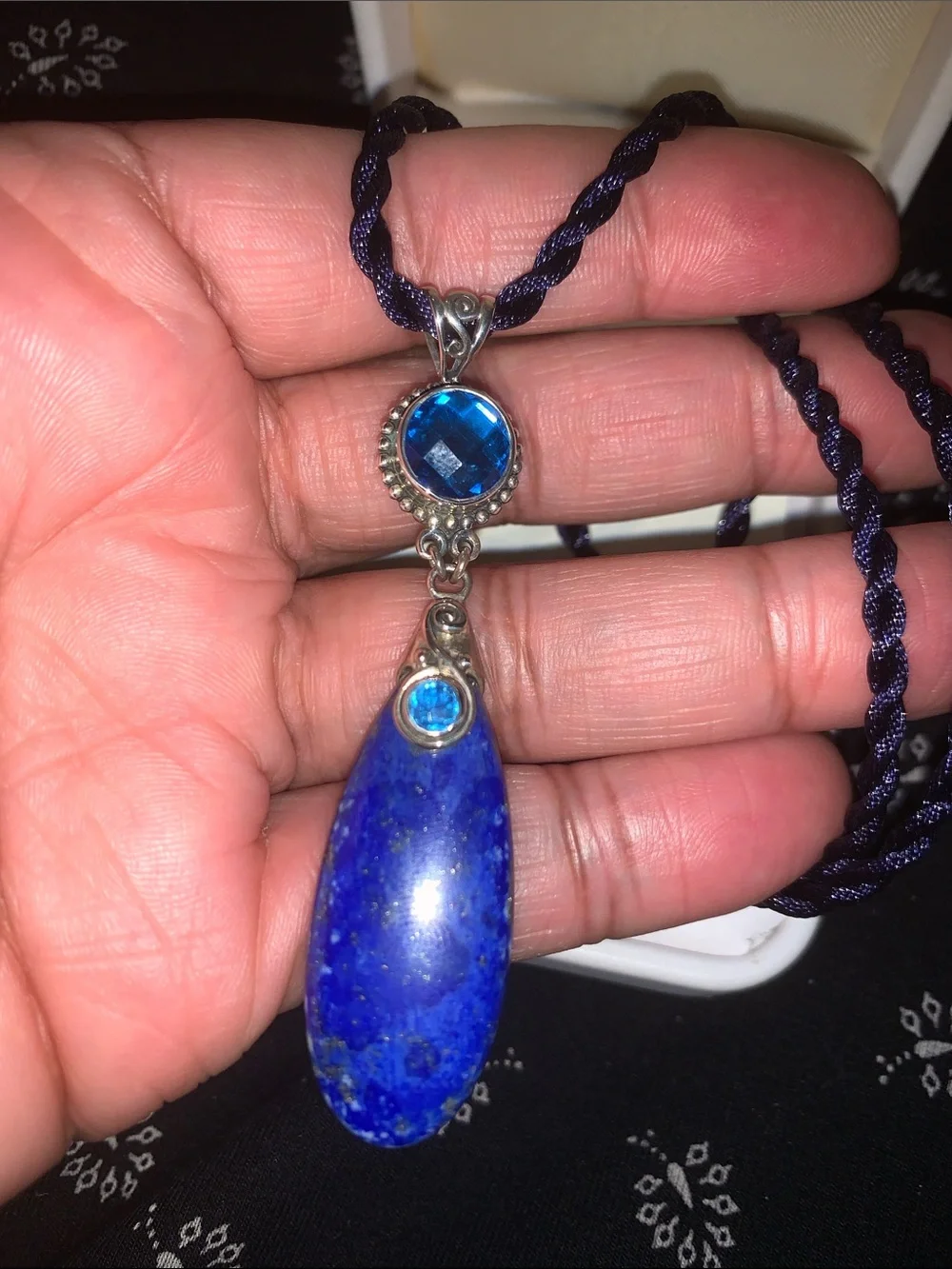 Vintage Saje Lapis Lazuli Teardrop Necklace with Blue Crystal Accents - Picture 3 of 6